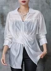Weißes Leinenhemd Tops Asymmetrisch Seite Offen Sommer